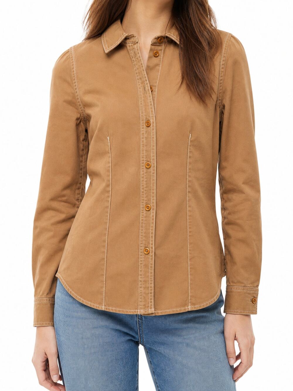 Madewell Women's Fitted 100% Cotton Button Front Long Sleeve Shirt Brown Size 00